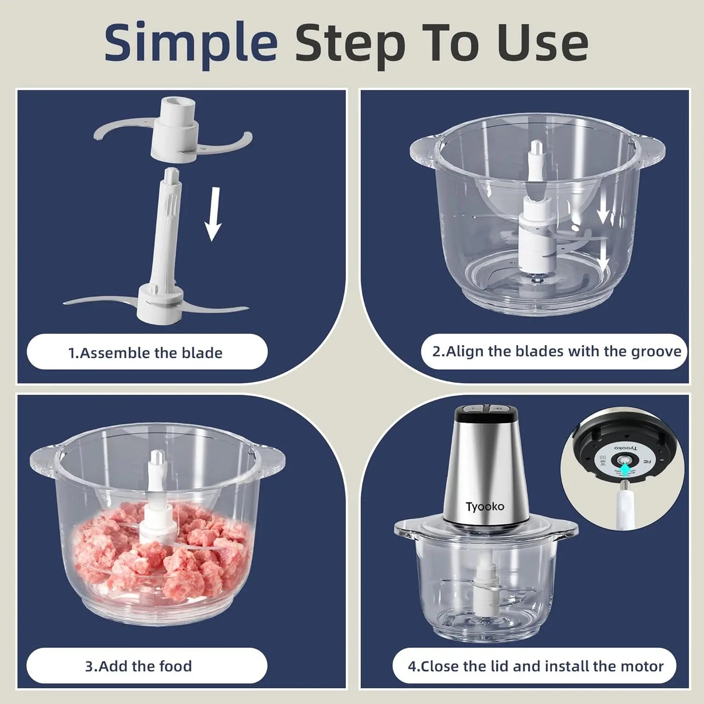 Electric Food Processor with 2 Bowls, Easy Clean Chopper for Fruits Meat Nuts Veggie Pet Baby Food
