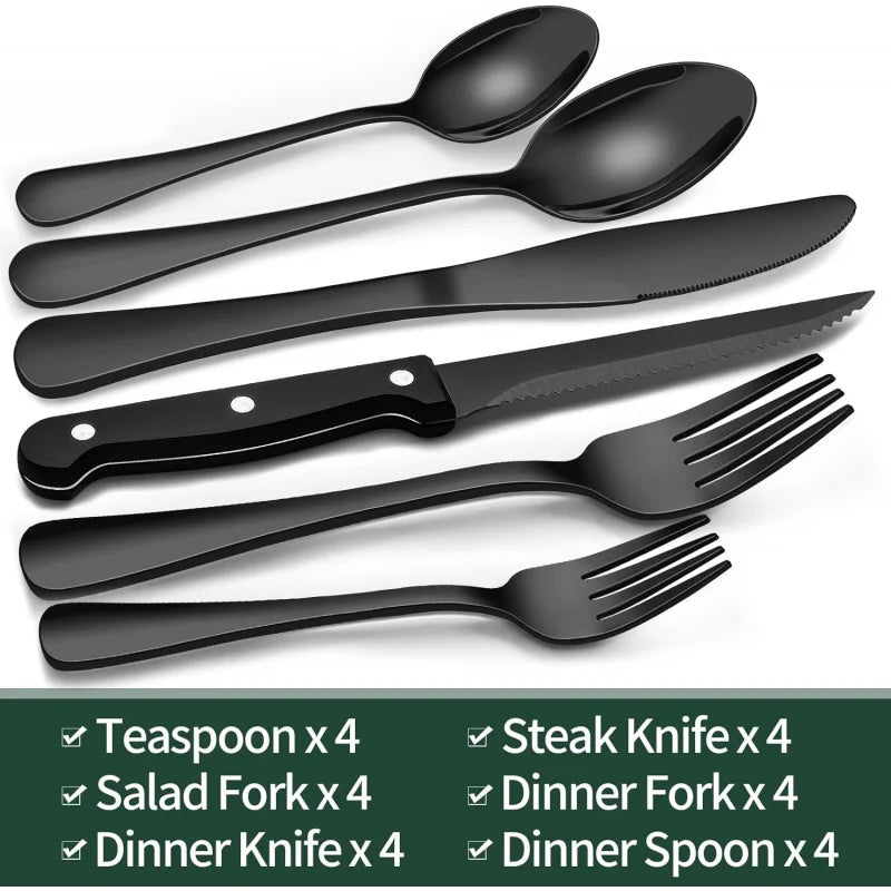 EWFEN 24 Black silverware set with steak knife,Black tableware set,4 Set,Food-grade stainless steel cutlery set,Mirror-polished