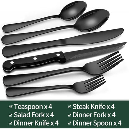 EWFEN 24 Black silverware set with steak knife,Black tableware set,4 Set,Food-grade stainless steel cutlery set,Mirror-polished