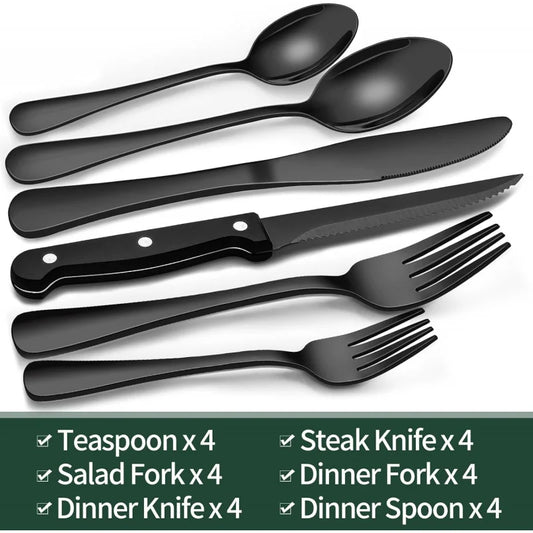 EWFEN 24 Black silverware set with steak knife,Black tableware set,4 Set,Food-grade stainless steel cutlery set,Mirror-polished