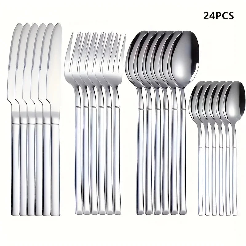 24 piece silver tableware set, suitable for 6-person stainless steel tableware kitchen new tableware hotel buffet available