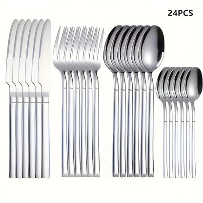 24 piece silver tableware set, suitable for 6-person stainless steel tableware kitchen new tableware hotel buffet available
