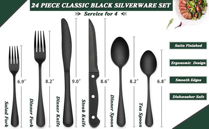 EWFEN 24 Black silverware set with steak knife,Black tableware set,4 Set,Food-grade stainless steel cutlery set,Mirror-polished
