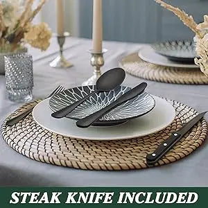 EWFEN 24 Black silverware set with steak knife,Black tableware set,4 Set,Food-grade stainless steel cutlery set,Mirror-polished