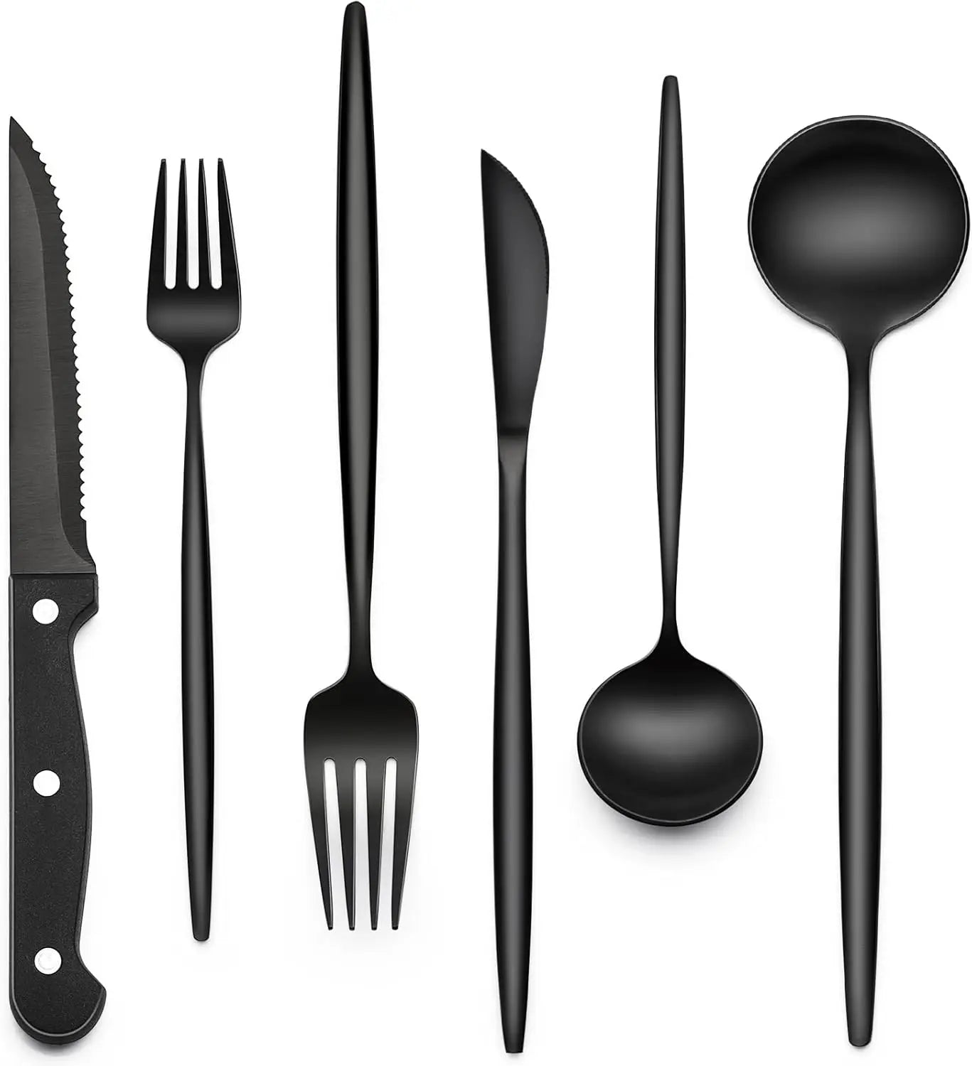 EWFEN 24 Black silverware set with steak knife,Black tableware set,4 Set,Food-grade stainless steel cutlery set,Mirror-polished