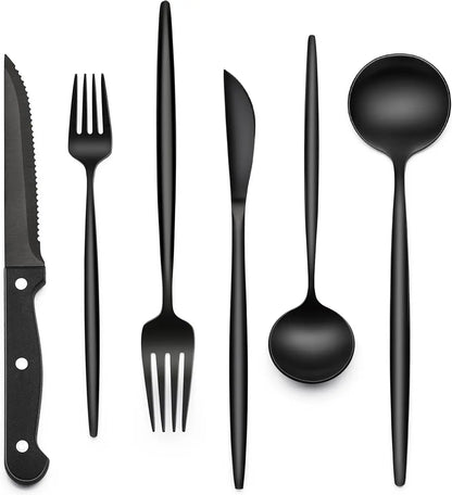 EWFEN 24 Black silverware set with steak knife,Black tableware set,4 Set,Food-grade stainless steel cutlery set,Mirror-polished