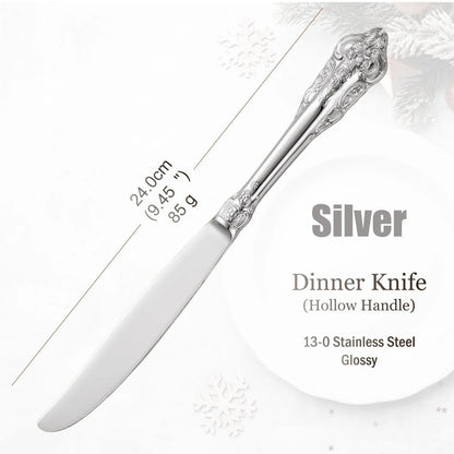 Stainless Steel Silver Flatware Set, Vintage Cutlery, Hollow Handle, Silverware for Wedding, Baroque, 18/10, Glossy Gold