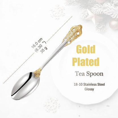 Stainless Steel Silver Flatware Set, Vintage Cutlery, Hollow Handle, Silverware for Wedding, Baroque, 18/10, Glossy Gold
