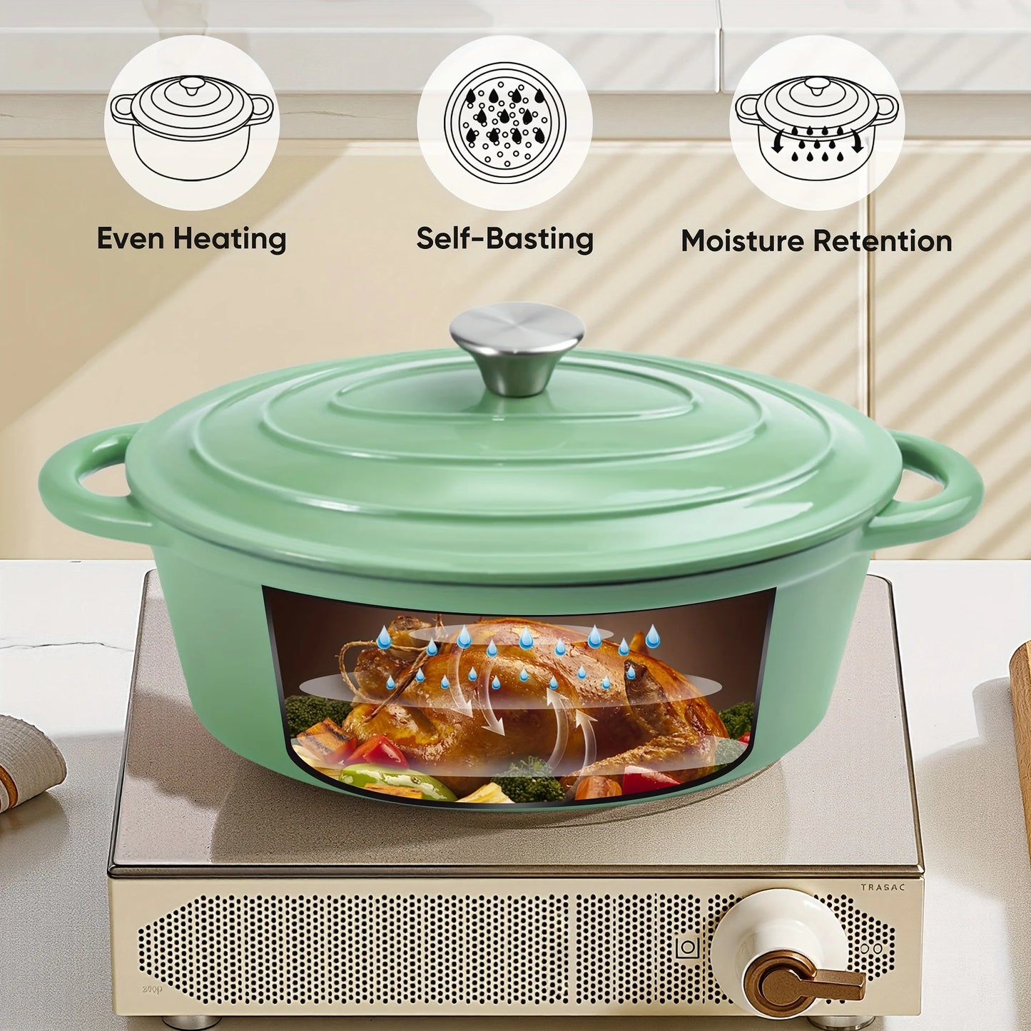 A porcelain-coated cast iron stew pot with a lid and two-handled design, suitable for bread baking and cooking.