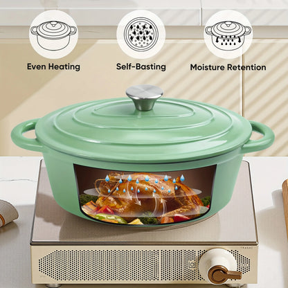 A porcelain-coated cast iron stew pot with a lid and two-handled design, suitable for bread baking and cooking.
