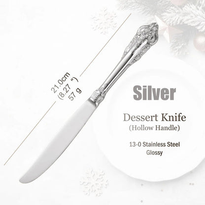 Stainless Steel Silver Flatware Set, Vintage Cutlery, Hollow Handle, Silverware for Wedding, Baroque, 18/10, Glossy Gold
