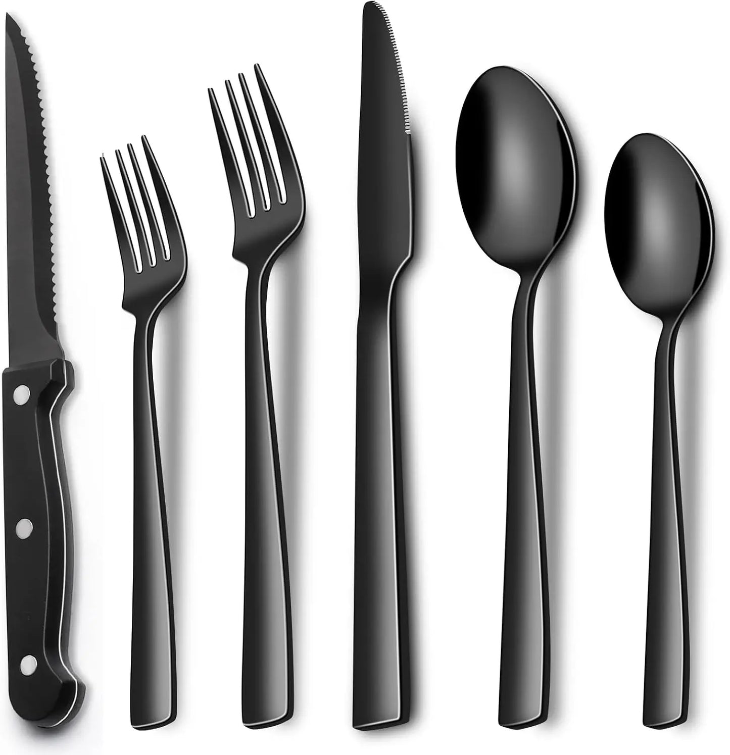 EWFEN 24 Black silverware set with steak knife,Black tableware set,4 Set,Food-grade stainless steel cutlery set,Mirror-polished
