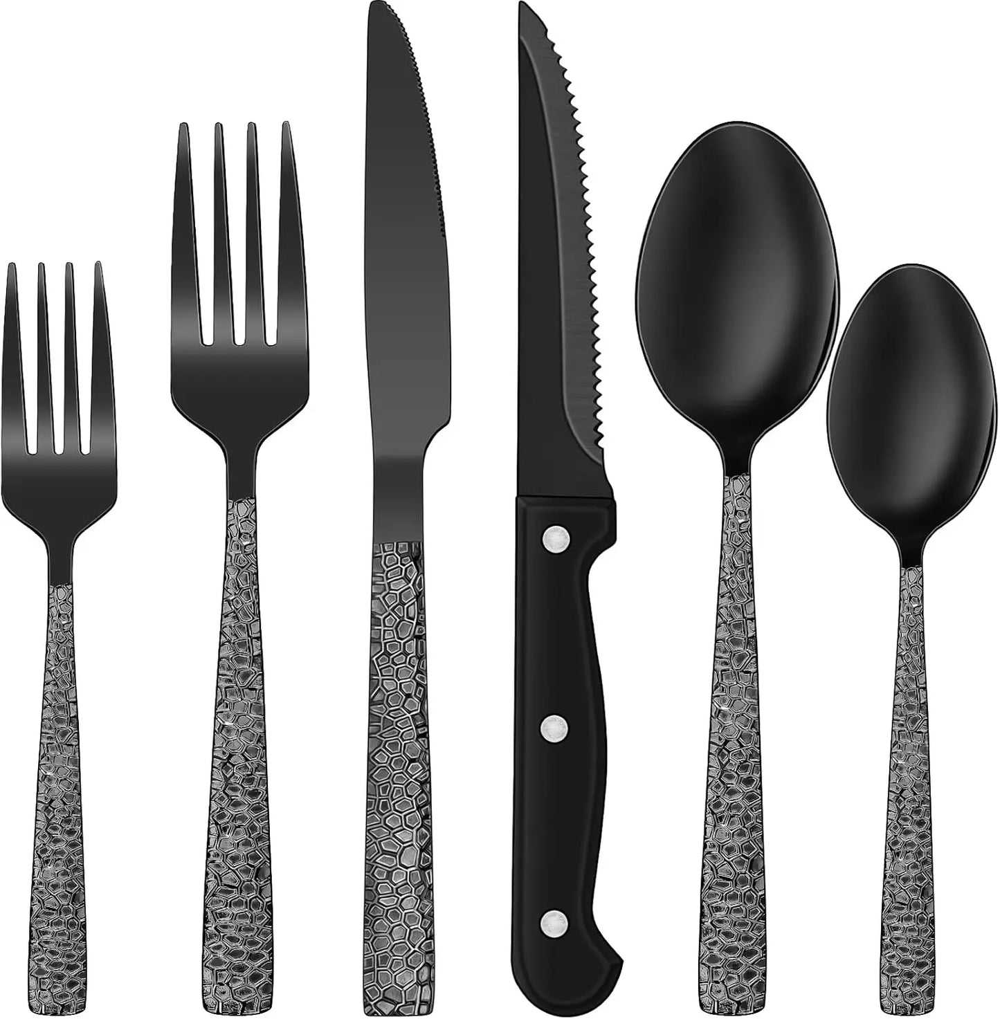 EWFEN 24 Black silverware set with steak knife,Black tableware set,4 Set,Food-grade stainless steel cutlery set,Mirror-polished