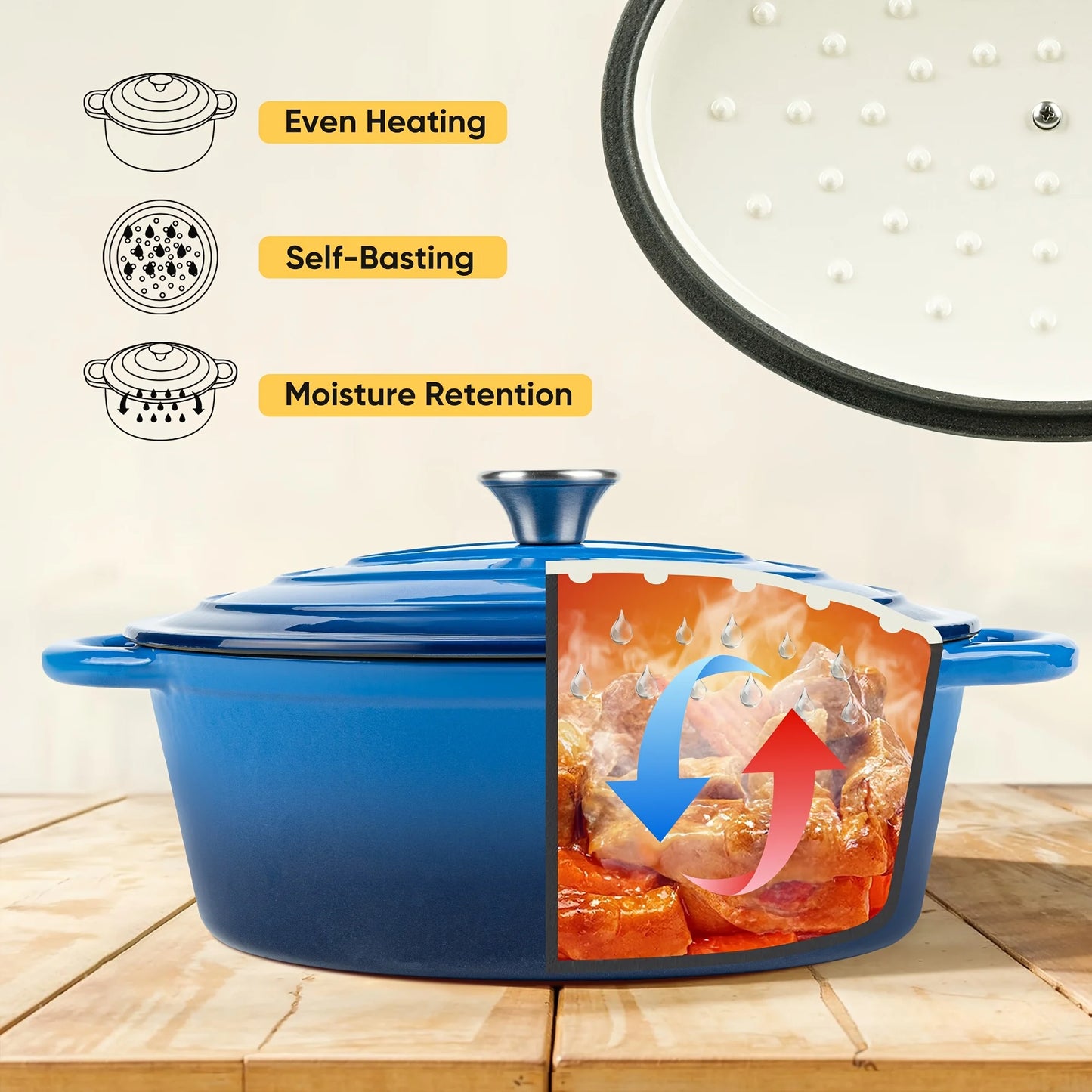A porcelain-coated cast iron stew pot with a lid and two-handled design, suitable for bread baking and cooking.