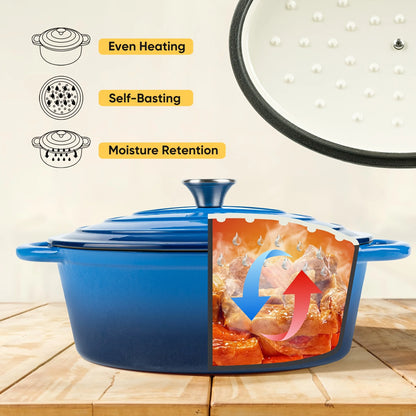 A porcelain-coated cast iron stew pot with a lid and two-handled design, suitable for bread baking and cooking.