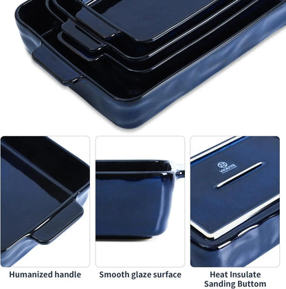 4-Piece Blue Ceramic Bakeware Set: Rectangular Lasagna Pans for Baking, Cooking, Kitchen Use