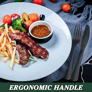 EWFEN 24 Black silverware set with steak knife,Black tableware set,4 Set,Food-grade stainless steel cutlery set,Mirror-polished