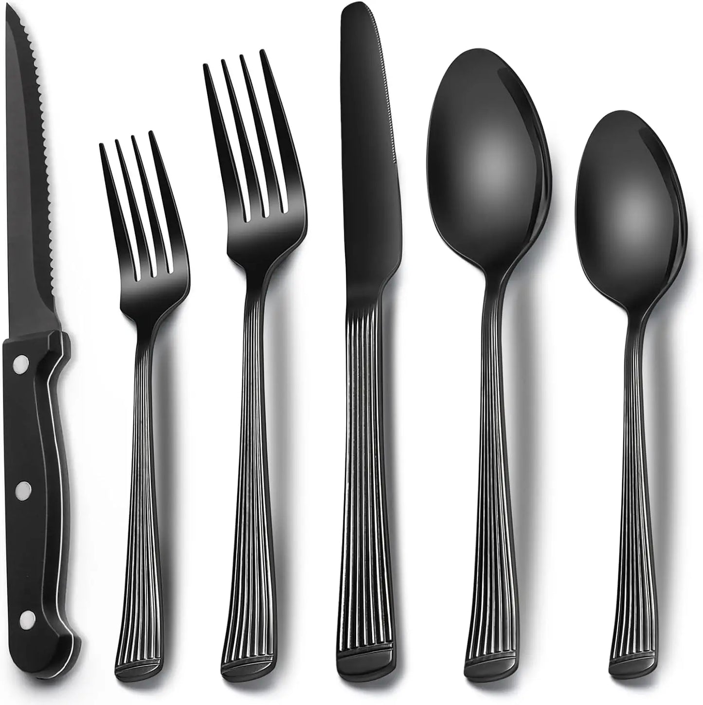 EWFEN 24 Black silverware set with steak knife,Black tableware set,4 Set,Food-grade stainless steel cutlery set,Mirror-polished