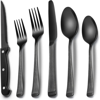EWFEN 24 Black silverware set with steak knife,Black tableware set,4 Set,Food-grade stainless steel cutlery set,Mirror-polished