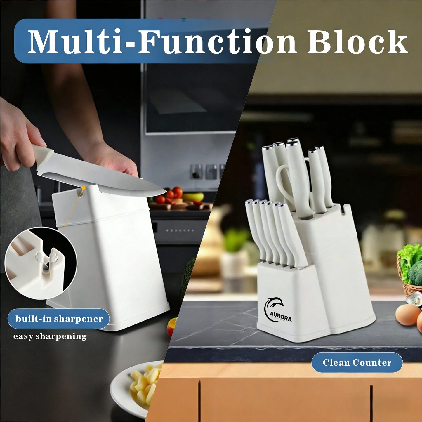 Knife Set, 15 Piece Knife Block Set with Built-in Sharpener, Dishwasher Safe, Rust Resistant, Ergonomic Handle, Stainless Steel