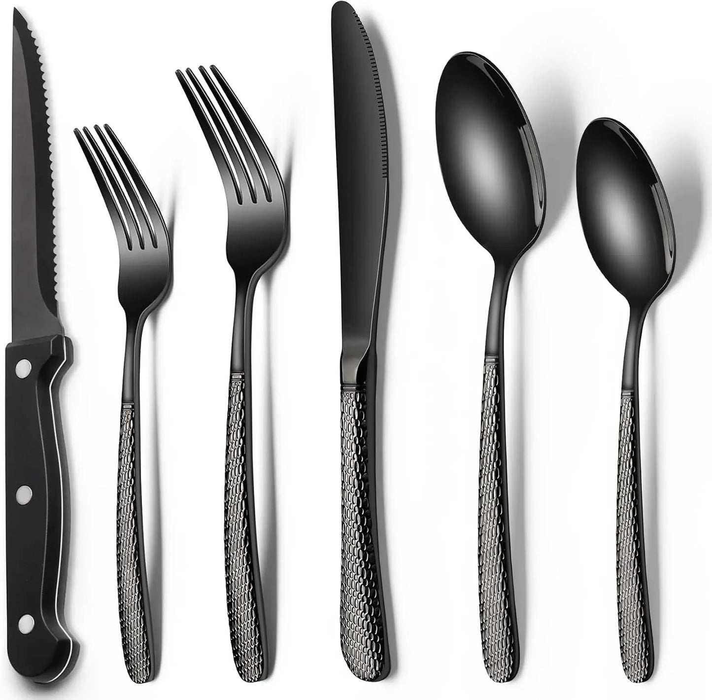 EWFEN 24 Black silverware set with steak knife,Black tableware set,4 Set,Food-grade stainless steel cutlery set,Mirror-polished