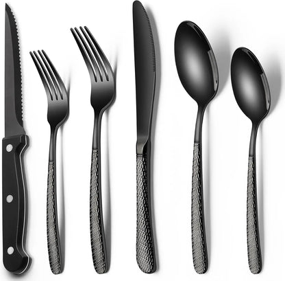 EWFEN 24 Black silverware set with steak knife,Black tableware set,4 Set,Food-grade stainless steel cutlery set,Mirror-polished