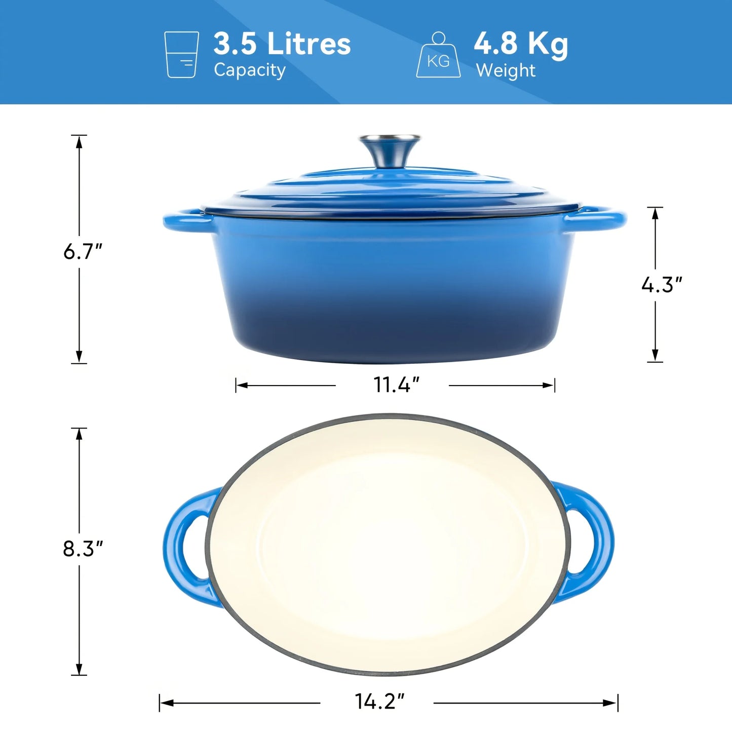 A porcelain-coated cast iron stew pot with a lid and two-handled design, suitable for bread baking and cooking.