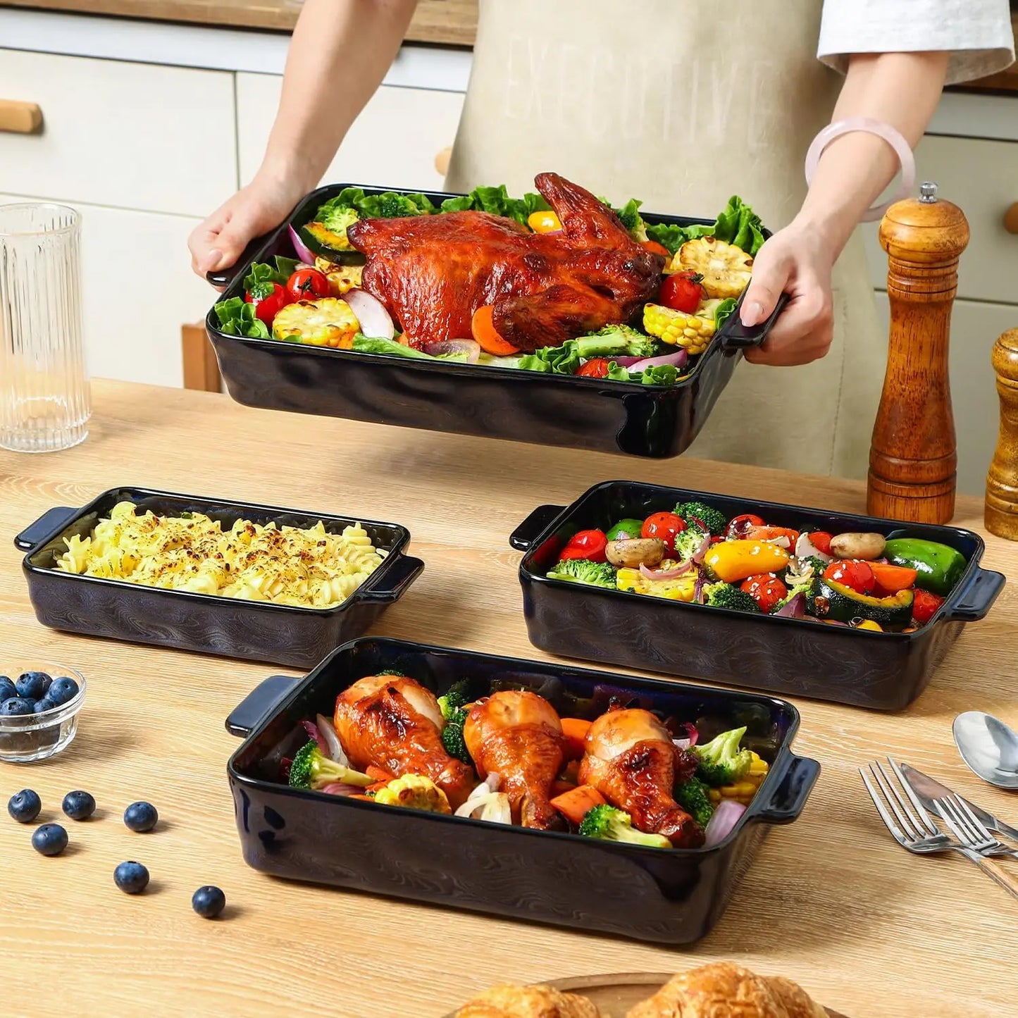 4-Piece Blue Ceramic Bakeware Set: Rectangular Lasagna Pans for Baking, Cooking, Kitchen Use