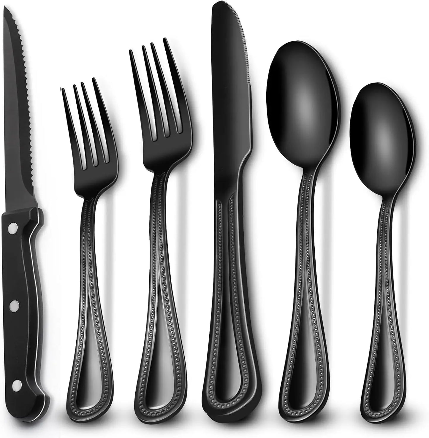 EWFEN 24 Black silverware set with steak knife,Black tableware set,4 Set,Food-grade stainless steel cutlery set,Mirror-polished