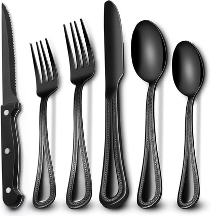 EWFEN 24 Black silverware set with steak knife,Black tableware set,4 Set,Food-grade stainless steel cutlery set,Mirror-polished