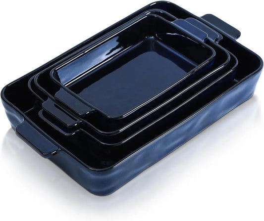 4-Piece Blue Ceramic Bakeware Set: Rectangular Lasagna Pans for Baking, Cooking, Kitchen Use