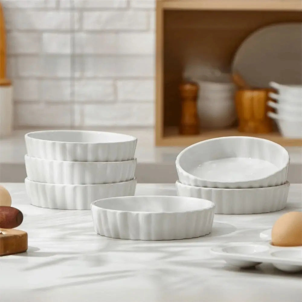 6pcs Mini Ceramic Creme Brulee Ramekins Shallow White Tart Baking Pan Round Steamed Egg Dishes Oven