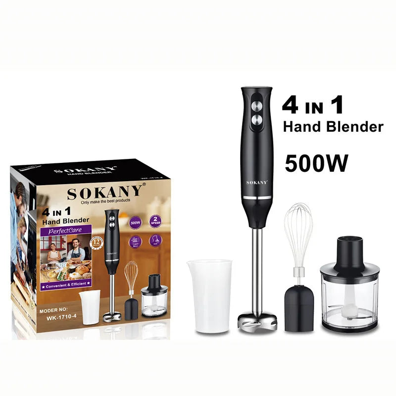 Hand Immersion Blender 500W 4-in-1 Stainless Steel Stick Food Mixer 700ml Mixing Beake 500ml Processor Whisk