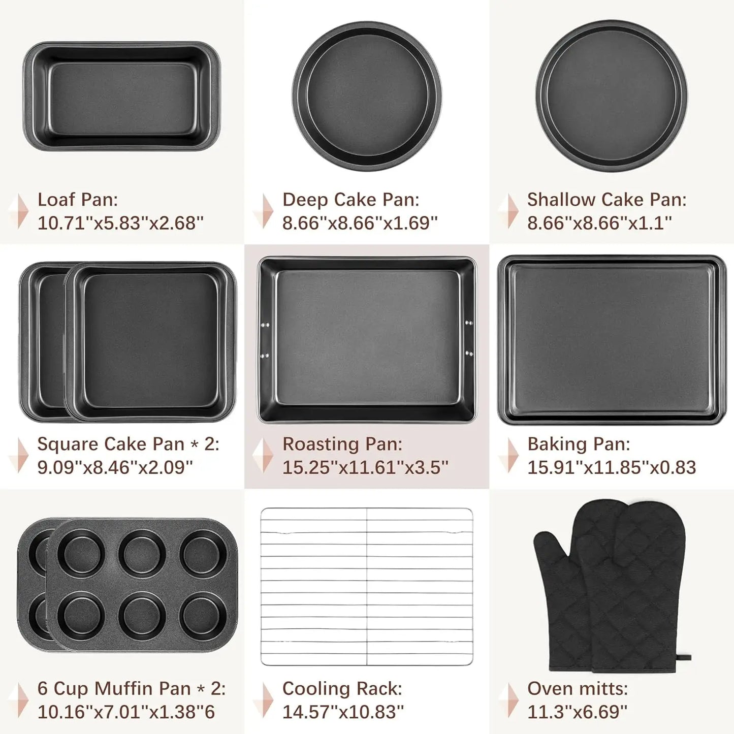 12PCS Nonstick Baking Pans Set with Wider Grip, Includes Cookie Sheets, Muffin Pan, Loaf Pan, Cake Pan